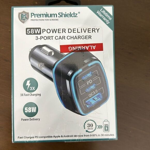58 Watt Power Delivery 3 Port car Charger with 3x Faster Charging Capability - Picture 1 of 9